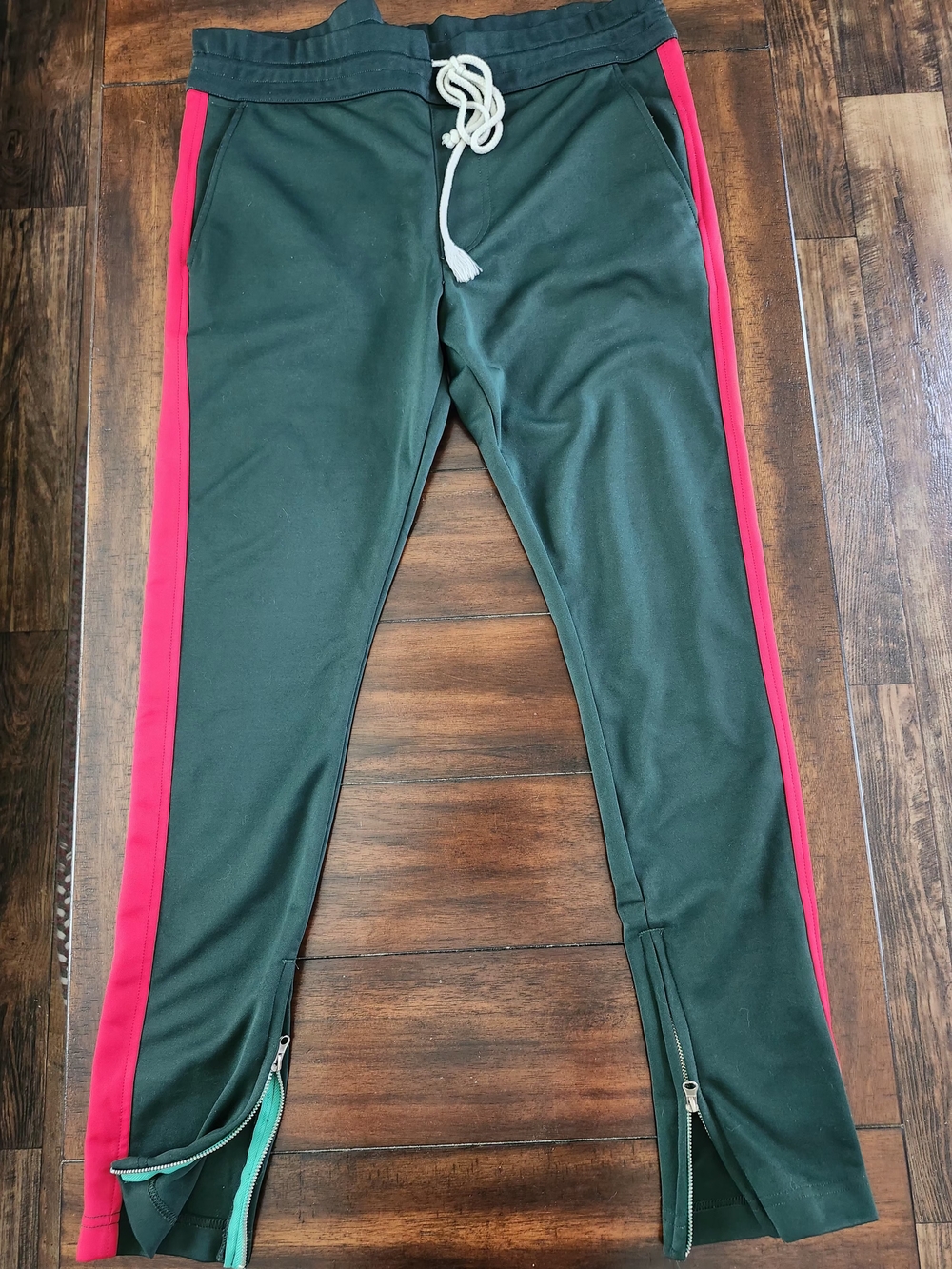 Decibel Green Track Pants with Red Side Stripe